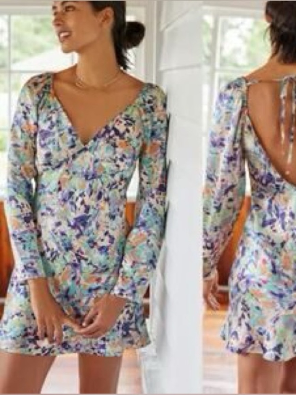 S Floral Long-Sleeve V-Neck Mini Dress in Multicolor